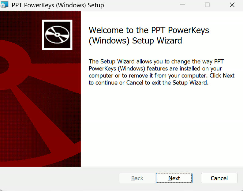 Окно установщика PPT PowerKeys: приветственный шаг мастера установки